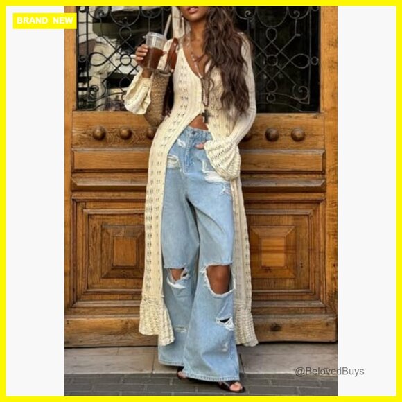 Long Cardigan Sweater Maxi Dress Button Down Boho Crochet Cover Up - Picture 3 of 7
